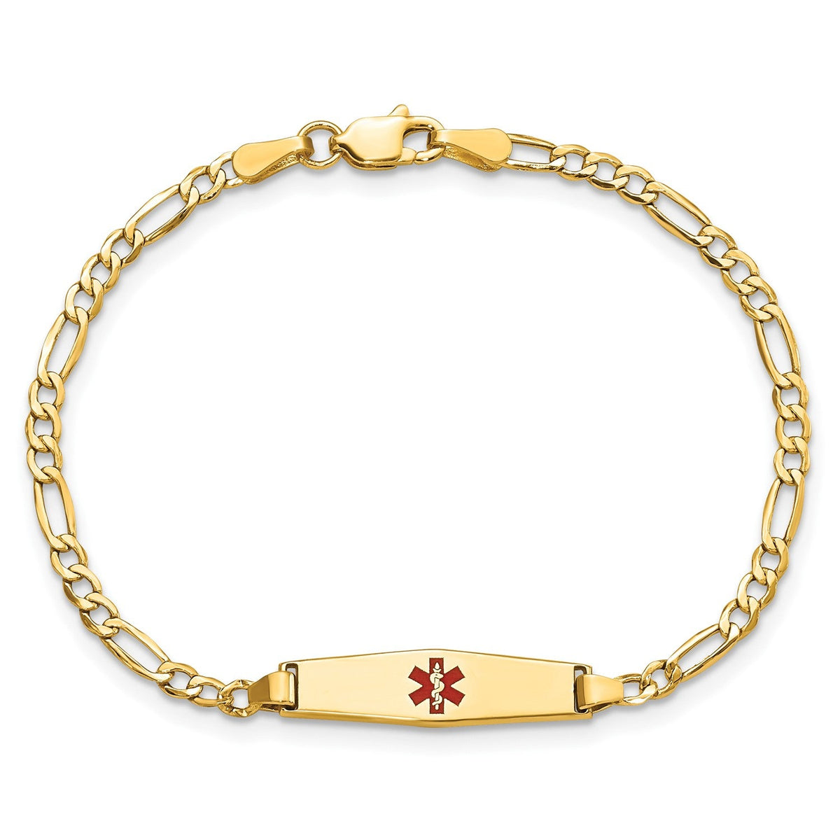 14k Yellow Gold Medical Red Enamel Cross Figaro Alert ID Bracelet - JewelryAffairs