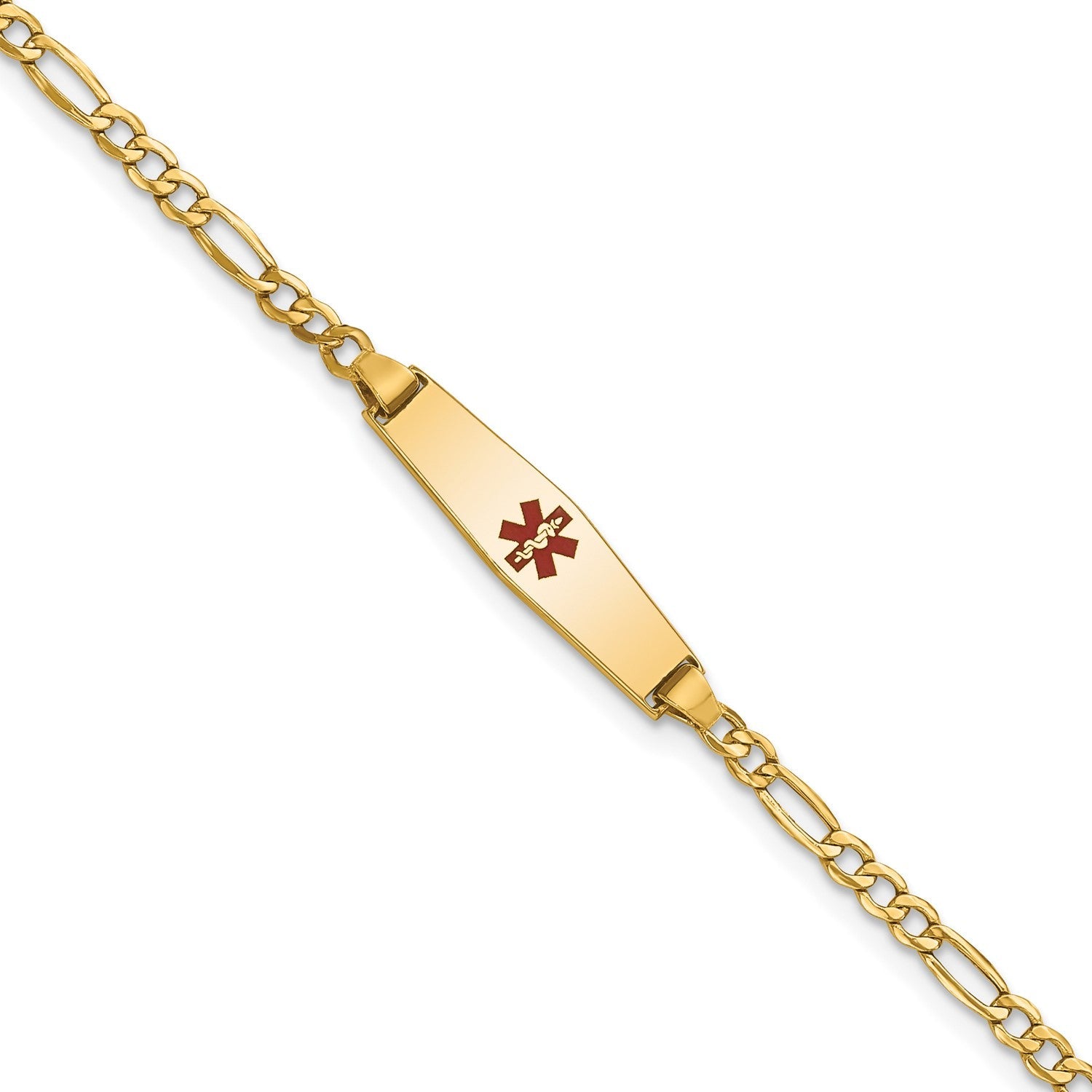 14k Yellow Gold Medical Red Enamel Cross Figaro Alert ID Bracelet - JewelryAffairs