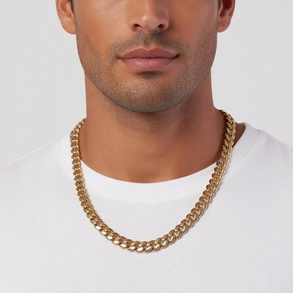 14k Yellow Gold Miami Cuban Link Chain Necklace, Width 11mm - JewelryAffairs