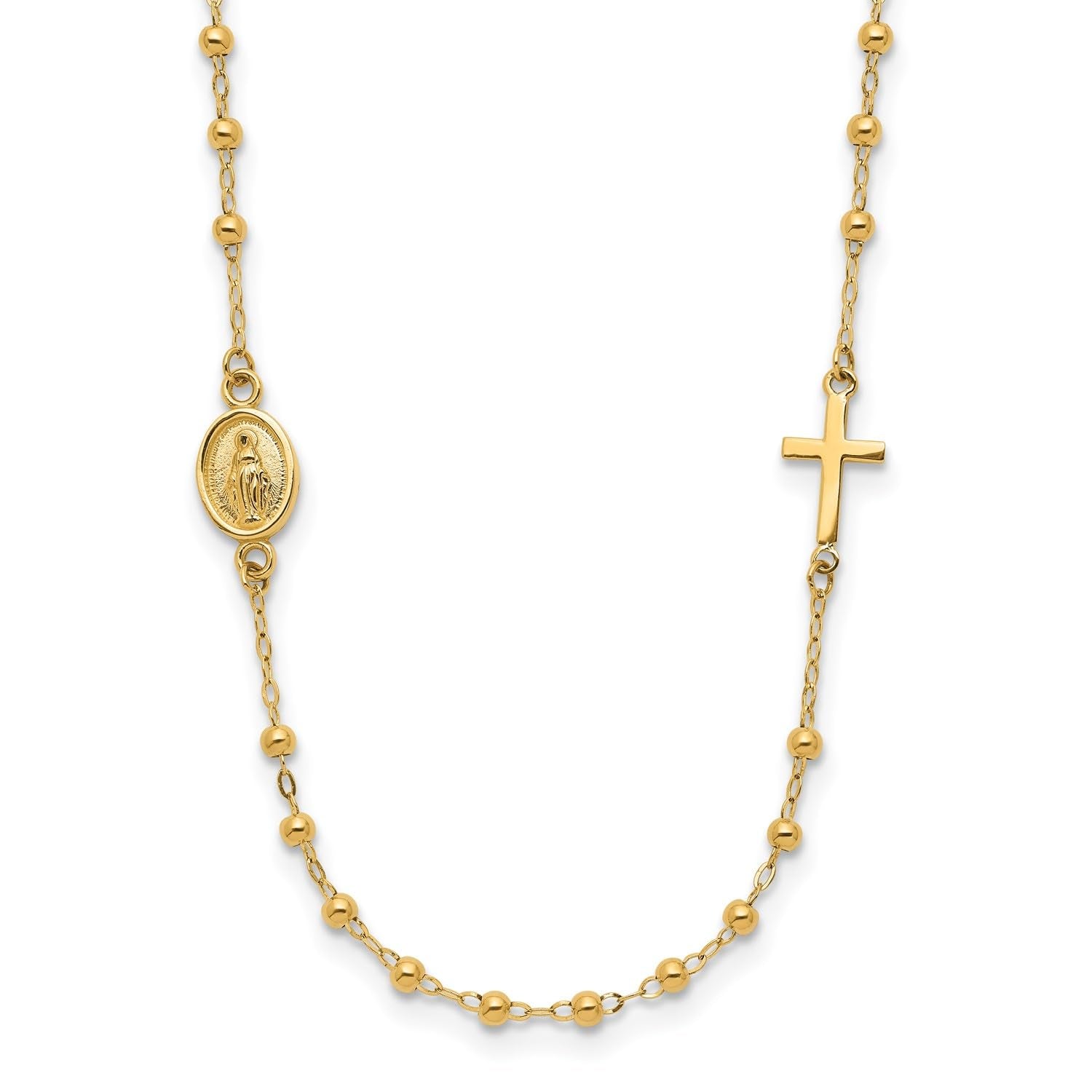 14K Yellow Gold Miraculous Medal and Cross Rosary Necklace, 16.5 Inches