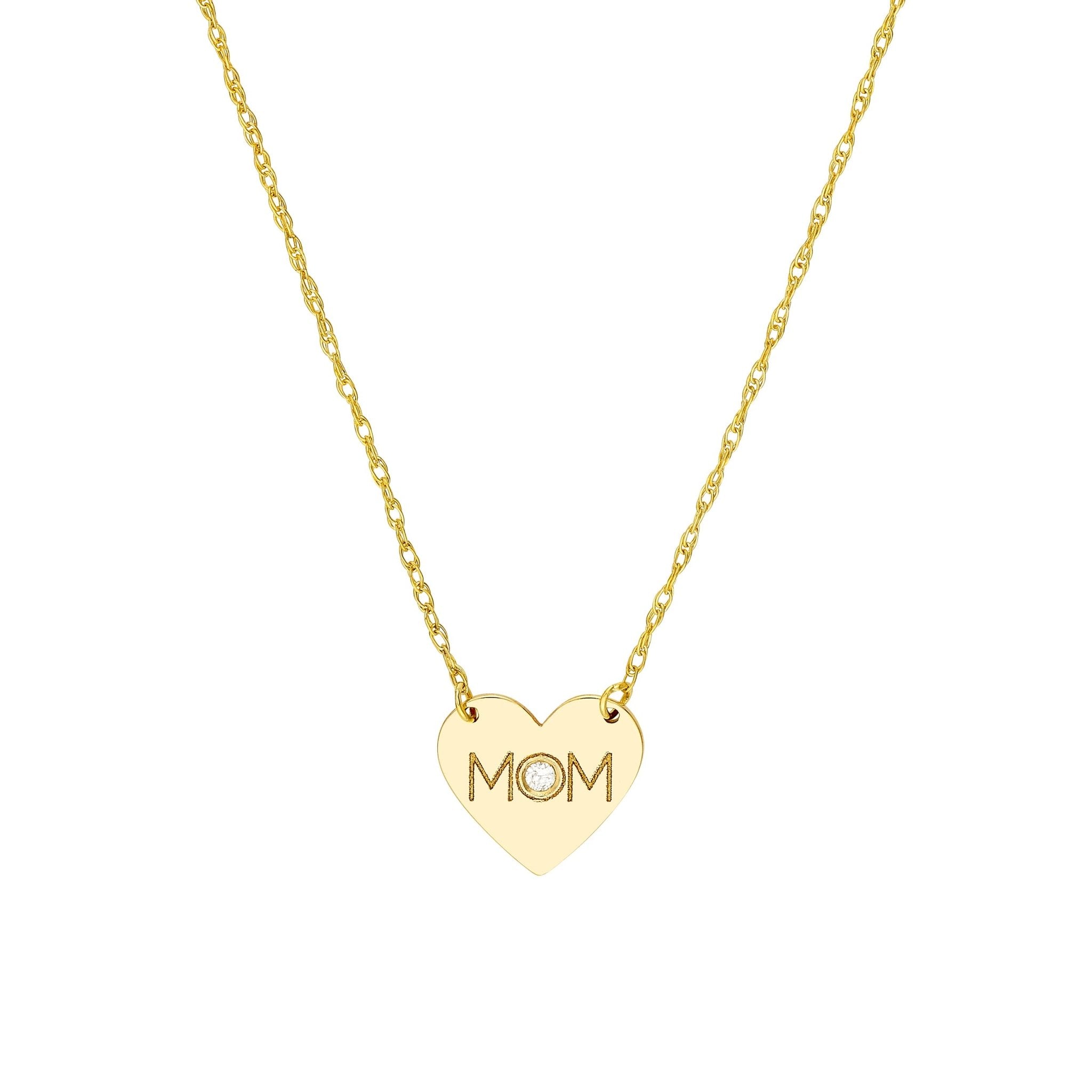 14k Yellow Gold MOM Heart with Diamond Necklace 18 Inches