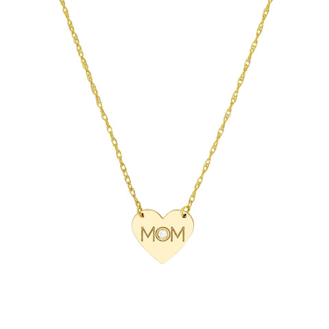 14k Yellow Gold MOM Heart with Diamond Necklace 18 Inches