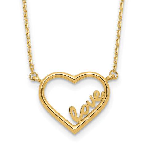 14K Yellow Gold Open Heart with LOVE Inside Adjustable 17 inch Necklace