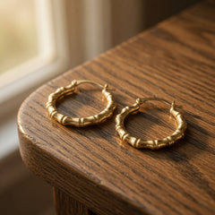 10k Yellow Gold Shiny Bamboo Round Hoop Earrings, Diameter 18mm