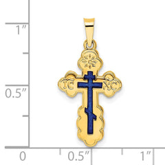 14K Yellow Gold Polished Eastern Orthodox Blue Enamel Solid Cross Pendant - JewelryAffairs