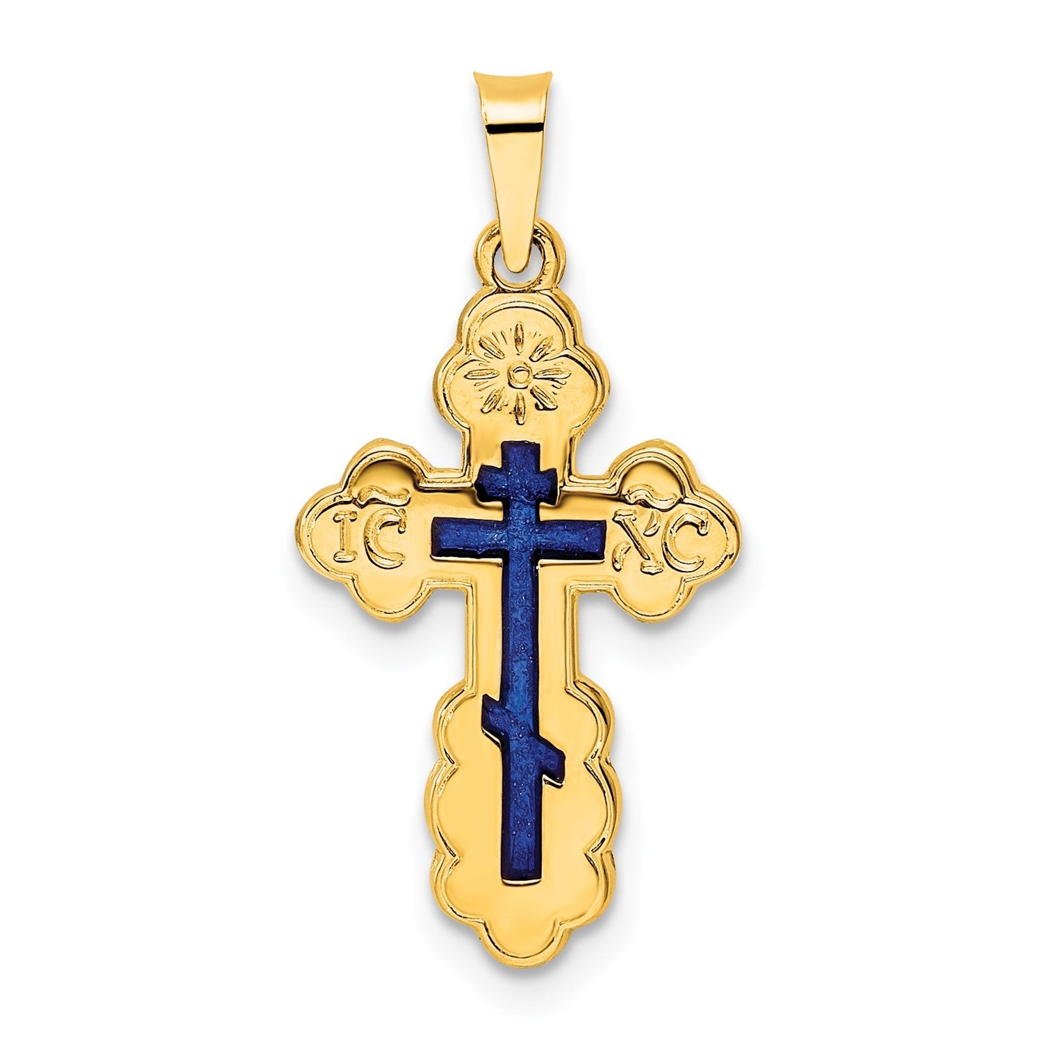 14K Yellow Gold Polished Eastern Orthodox Blue Enamel Solid Cross Pendant - JewelryAffairs
