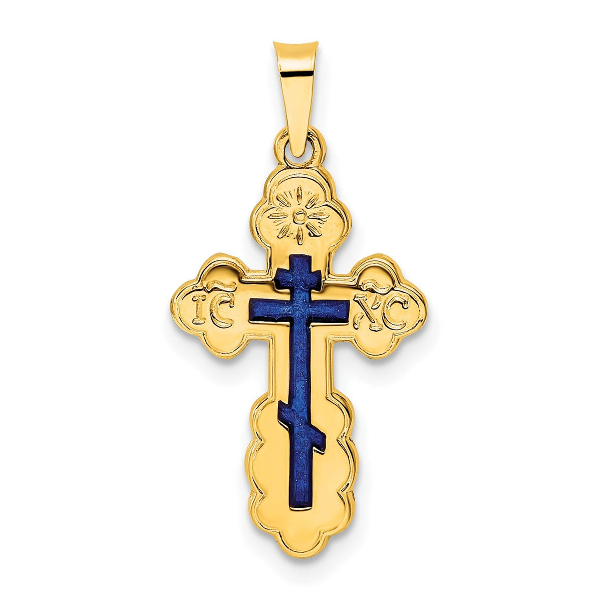 14K Yellow Gold Polished Eastern Orthodox Blue Enamel Solid Cross Pendant - JewelryAffairs