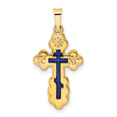 14K Yellow Gold Polished Eastern Orthodox Blue Enamel Solid Cross Pendant - JewelryAffairs