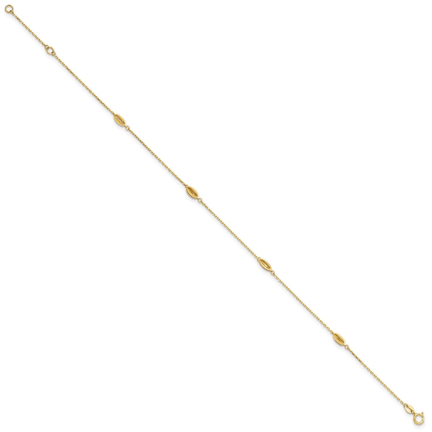14K Yellow Gold Polished Oval Charm Anklet, 9 inch + 1 inch Extension