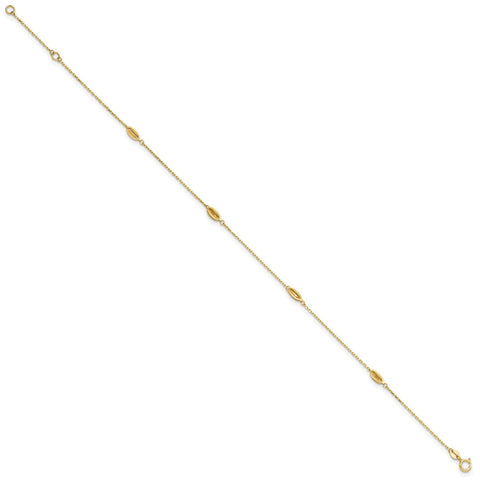 14K Yellow Gold Polished Oval Charm Anklet, 9 inch + 1 inch Extension