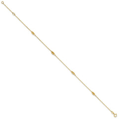 14K Yellow Gold Polished Oval Charm Anklet, 9 inch + 1 inch Extension