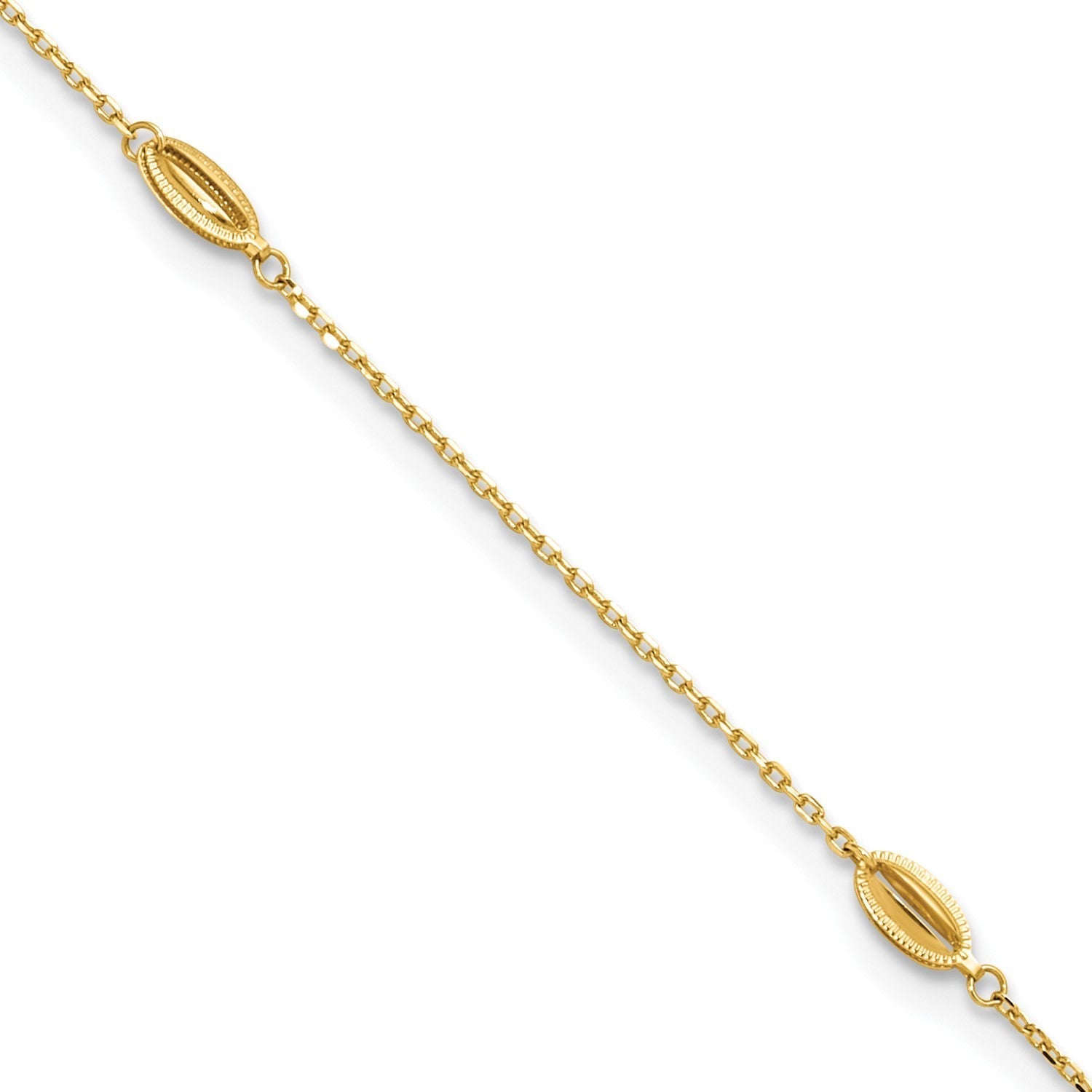 14K Yellow Gold Polished Oval Charm Anklet, 9 inch + 1 inch Extension