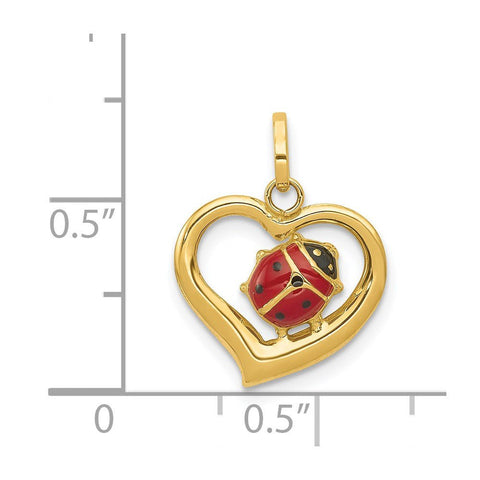 14k Yellow Gold Red and Black Enameled Ladybug in Heart Charm Pendant, 18mm