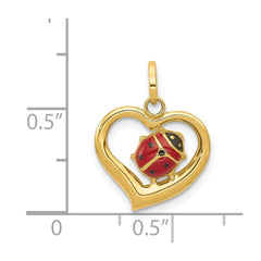 14k Yellow Gold Red and Black Enameled Ladybug in Heart Charm Pendant, 18mm