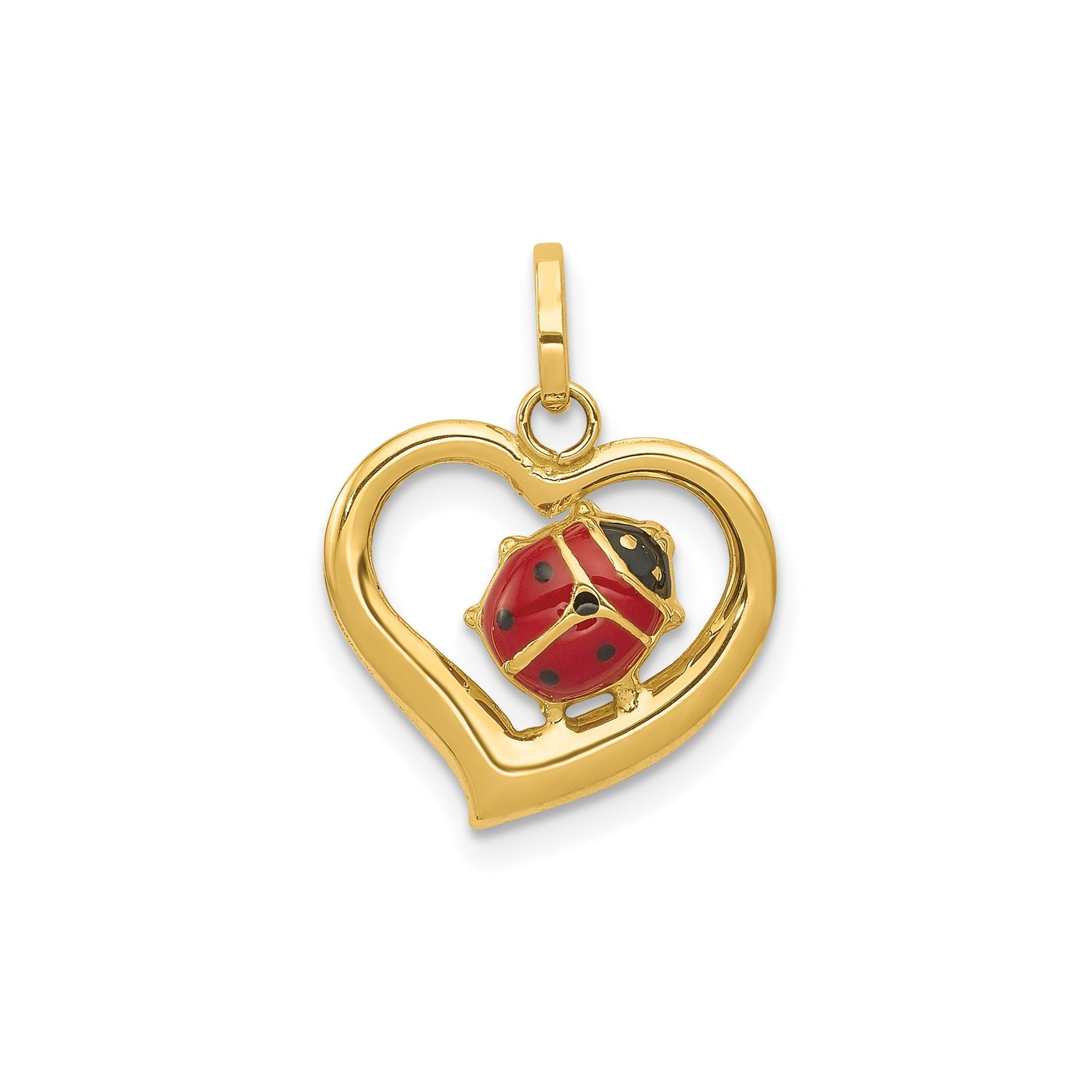 14k Yellow Gold Red and Black Enameled Ladybug in Heart Charm Pendant, 18mm - JewelryAffairs