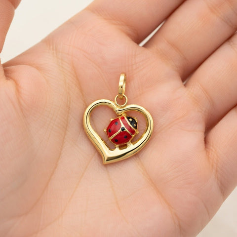 14k Yellow Gold Red and Black Enameled Ladybug in Heart Charm Pendant, 18mm