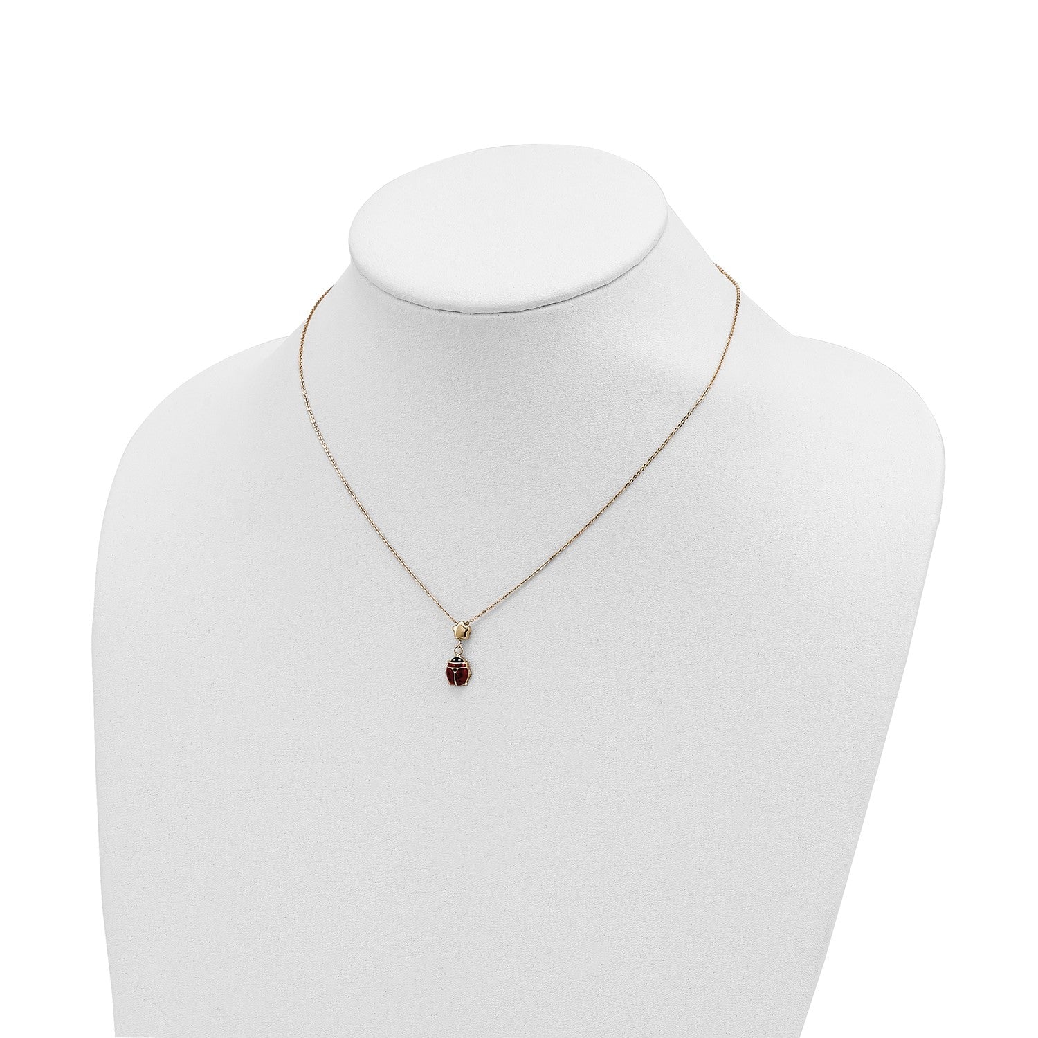 14k Yellow Gold Red and Black Enameled Ladybug with Flower Bead Necklace, 16.5"