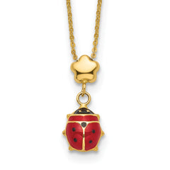 14k Yellow Gold Red and Black Enameled Ladybug with Flower Bead Necklace, 16.5"