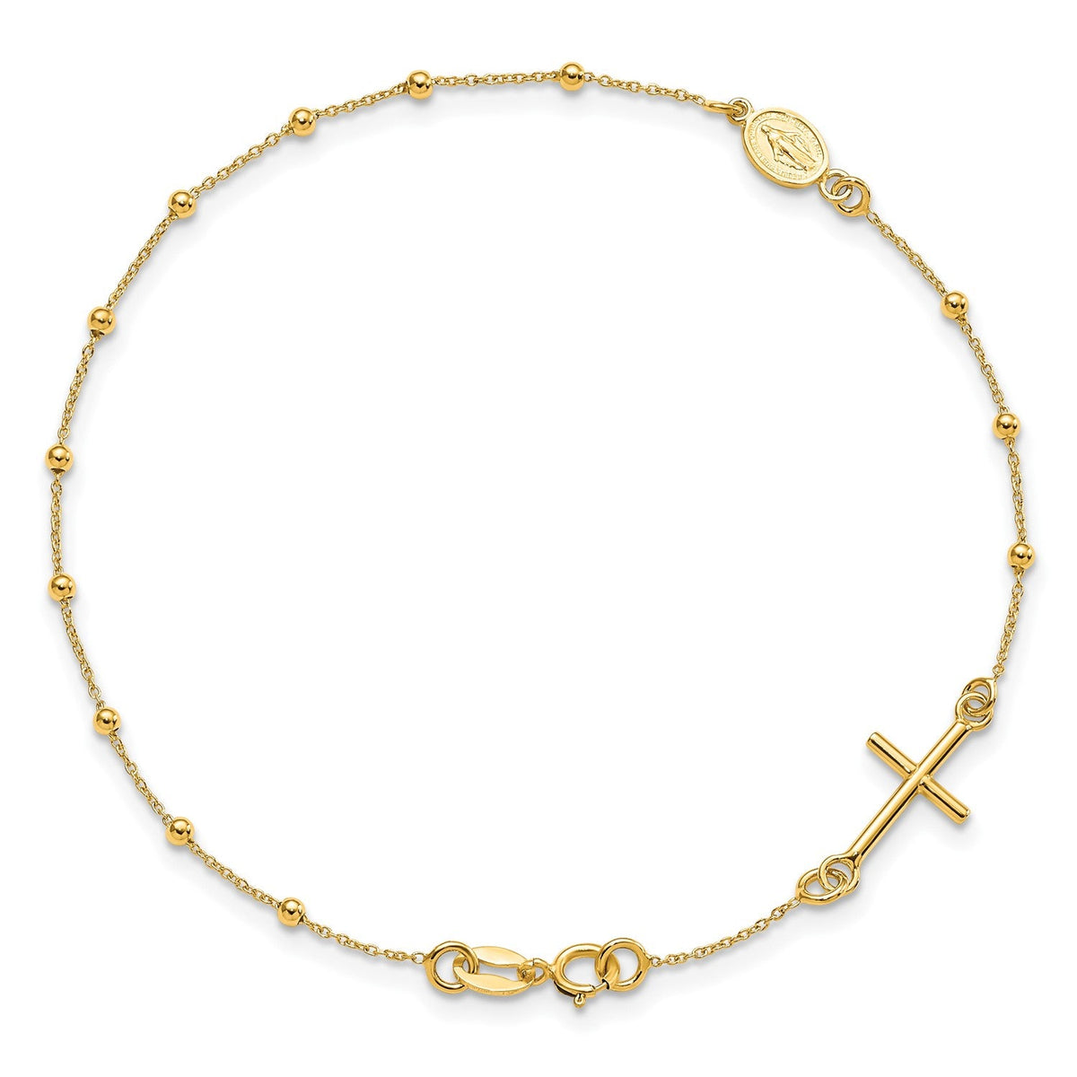 14K Yellow Gold Religious Cross and Rosary Beaded Bracelet, 7.5 inches - JewelryAffairs