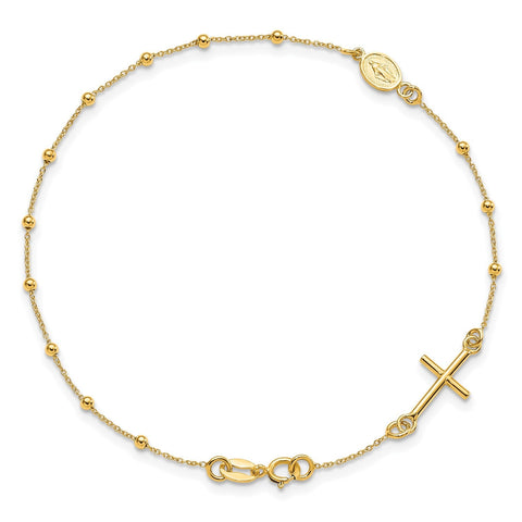 14K Yellow Gold Religious Cross and Rosary Beaded Bracelet, 7.5 inches