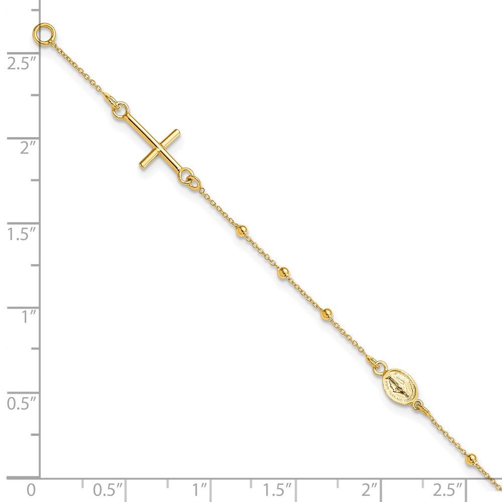 14K Yellow Gold Religious Cross and Rosary Beaded Bracelet, 7.5 inches - JewelryAffairs