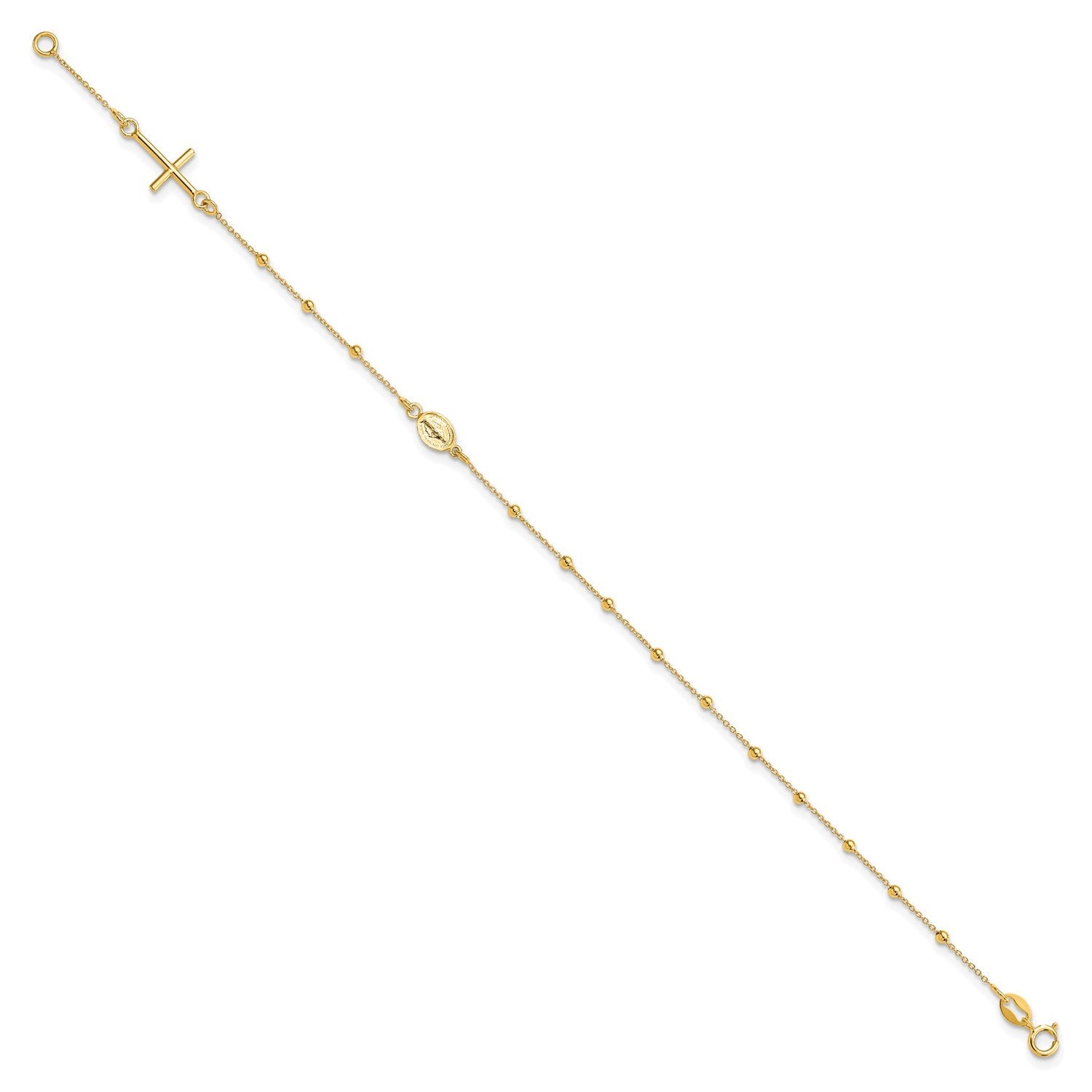 14K Yellow Gold Religious Cross and Rosary Beaded Bracelet, 7.5 inches - JewelryAffairs