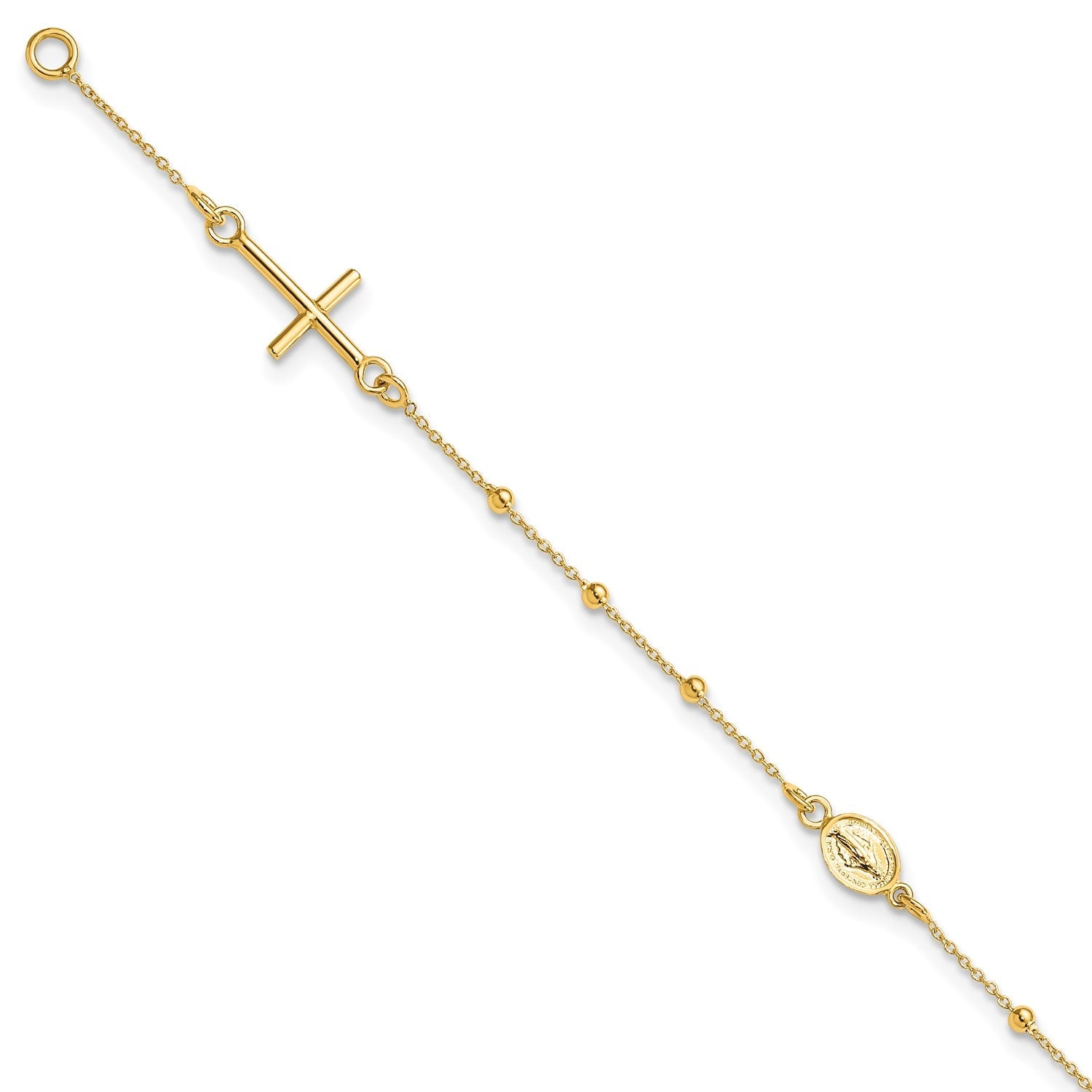 14K Yellow Gold Religious Cross and Rosary Beaded Bracelet, 7.5 inches - JewelryAffairs