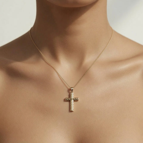14k Yellow Gold Shiny Diamond Cut Fancy Cross Pendant 15x30 mm