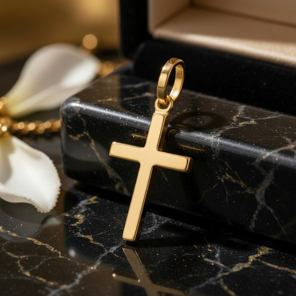 14k Yellow Gold Shiny Square Flat Style Cross Pendant - JewelryAffairs