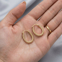 14K Yellow Gold Shiny Textured Oval Shape Hoop Earrings, Length 30mm