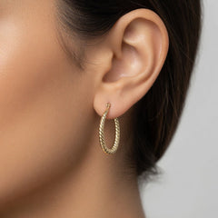 14K Yellow Gold Shiny Textured Oval Shape Hoop Earrings, Length 30mm