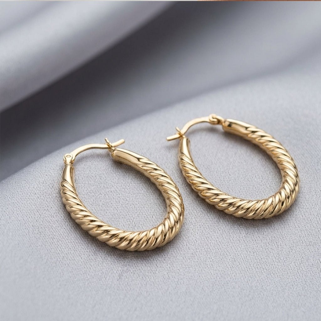 10k Yellow Gold Ridged Oval Shaped Hoop Earrings, Diameter 30mm