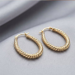 14K Yellow Gold Shiny Textured Oval Shape Hoop Earrings, Length 30mm
