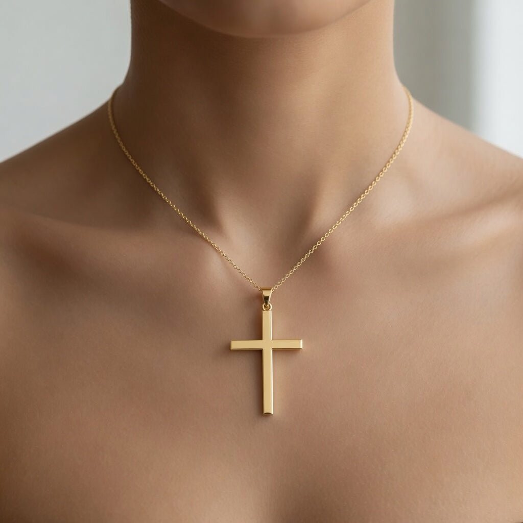 14K Yellow Gold Square Latin Cross Pendant, 40x20mm