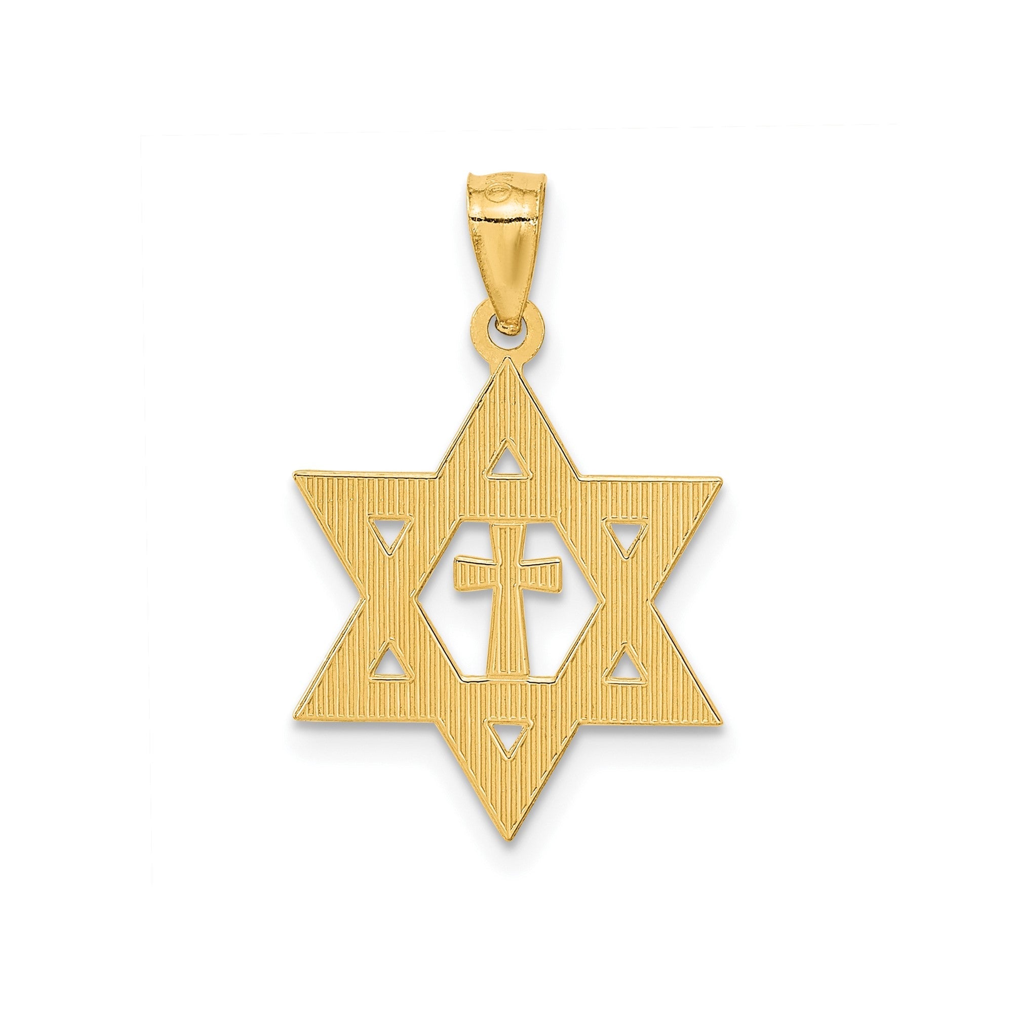 14K Yellow Gold Star of David with Cross Pendant, Diamond - Cut Design, 26mm x 16mm - JewelryAffairs