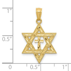 14K Yellow Gold Star of David with Cross Pendant, Diamond - Cut Design, 26mm x 16mm - JewelryAffairs