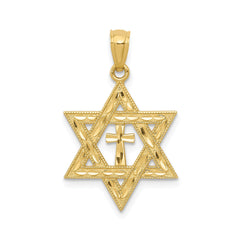 14K Yellow Gold Star of David with Cross Pendant, Diamond - Cut Design, 26mm x 16mm - JewelryAffairs
