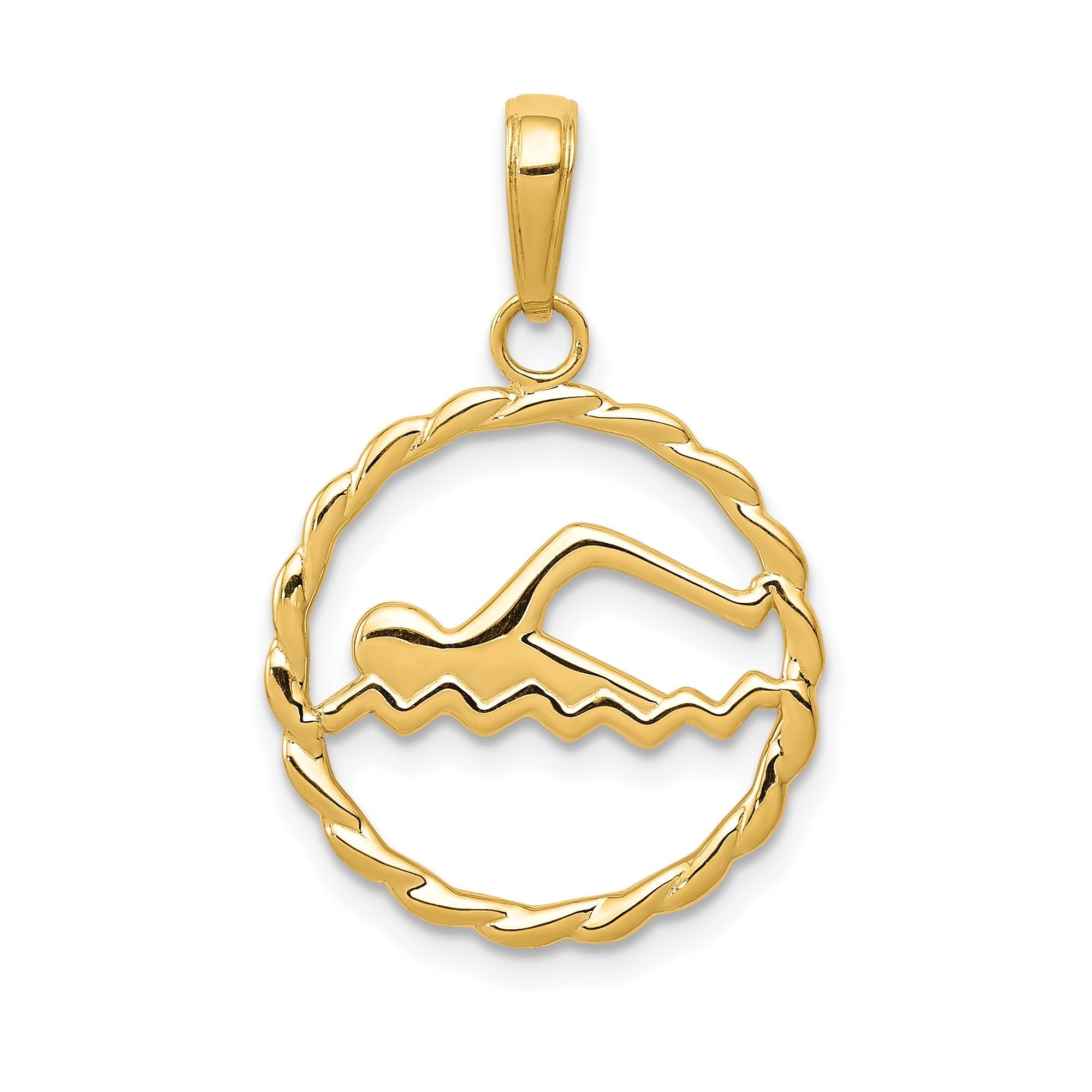 14k Yellow Gold Swimming Pendant, 16mm Diameter - JewelryAffairs