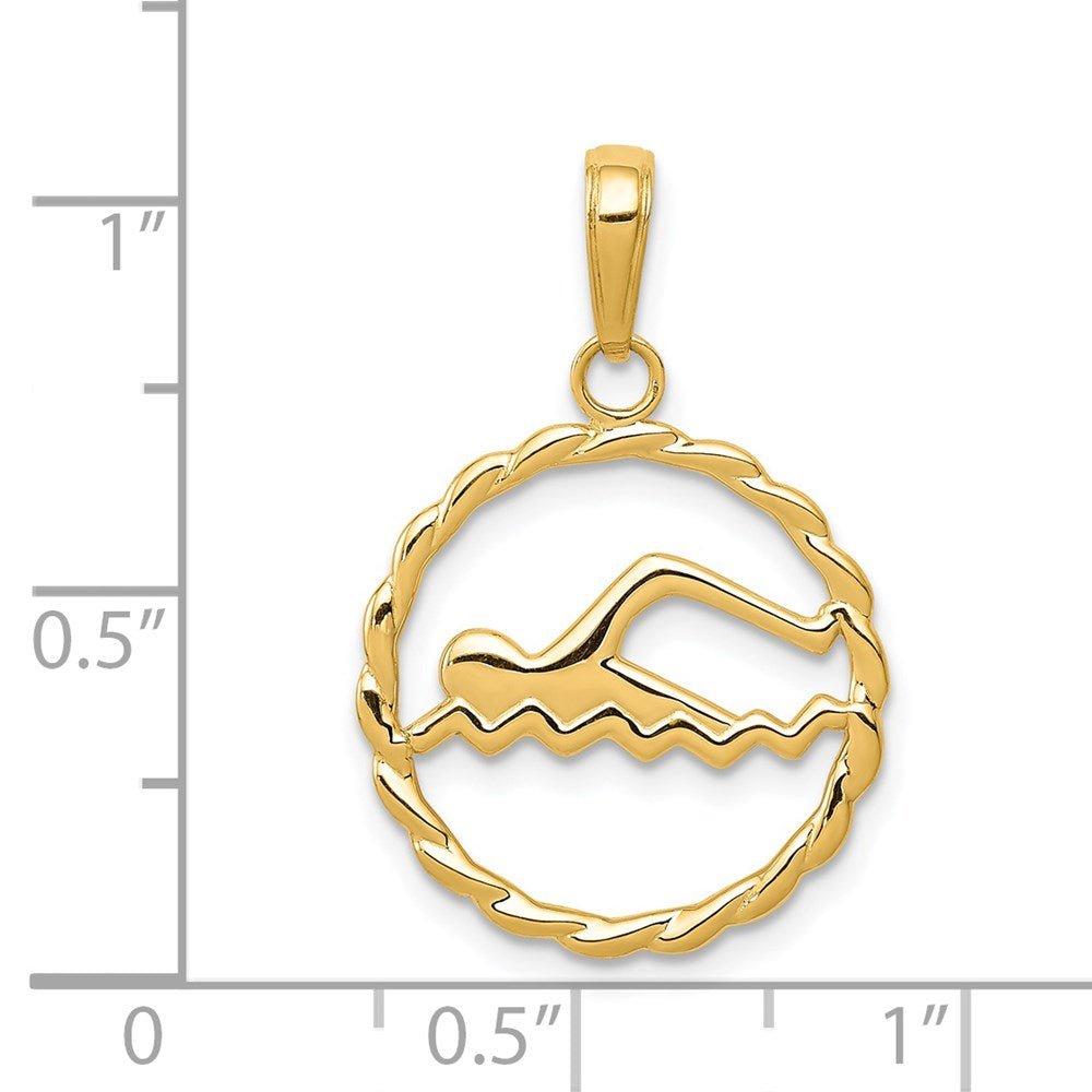 14k Yellow Gold Swimming Pendant, 16mm Diameter - JewelryAffairs