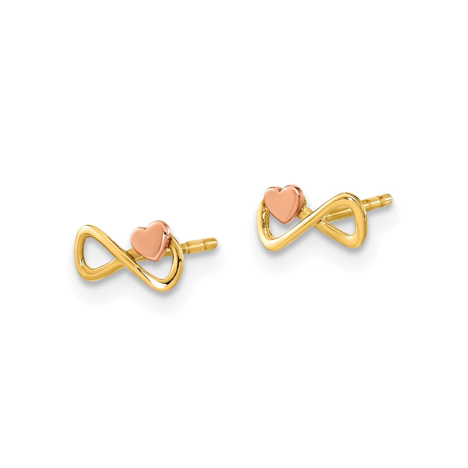 14K Yellow Gold Two Tone Infinity with Heart Post Stud Earrings, 4x7mm - JewelryAffairs