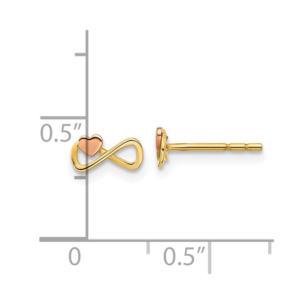 14K Yellow Gold Two Tone Infinity with Heart Post Stud Earrings, 4x7mm - JewelryAffairs