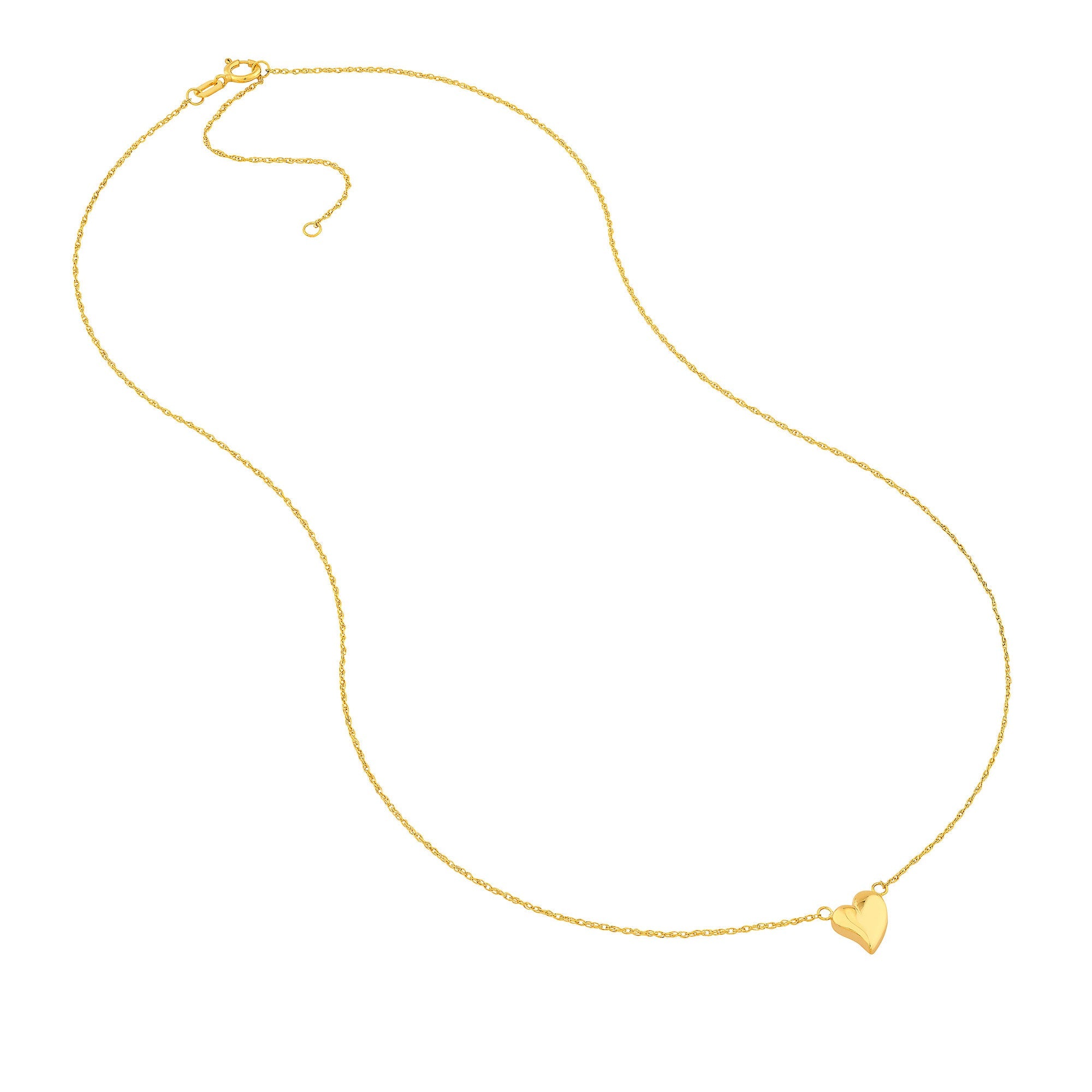 14k Yellow Gold Wavy Puff Heart Rope Adjustable Necklace, 18"