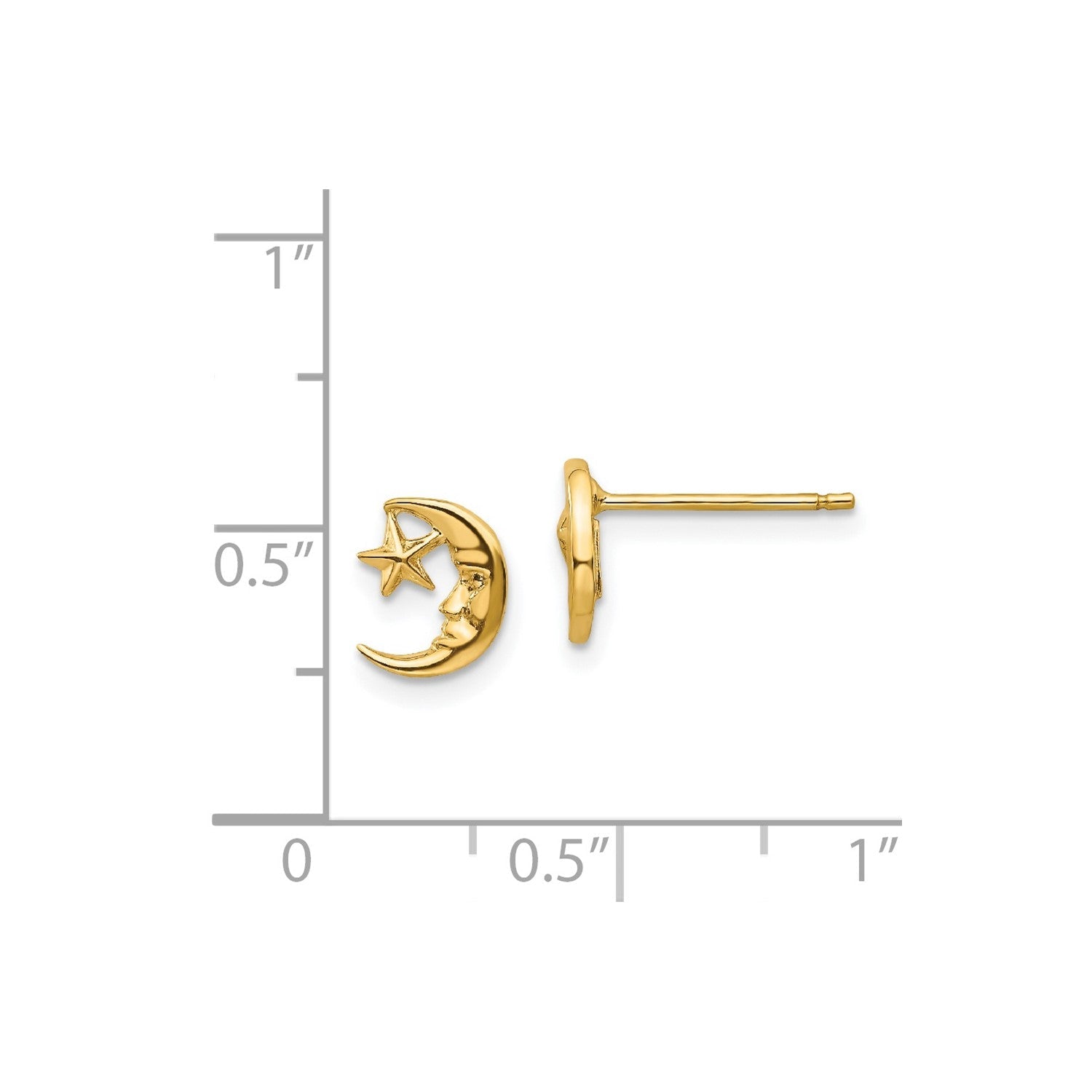 14k Yellow Real Gold Moon and Star Post Stud Earrings - JewelryAffairs