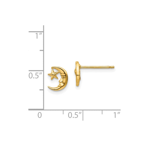 14k Yellow Real Gold Moon and Star Post Stud Earrings