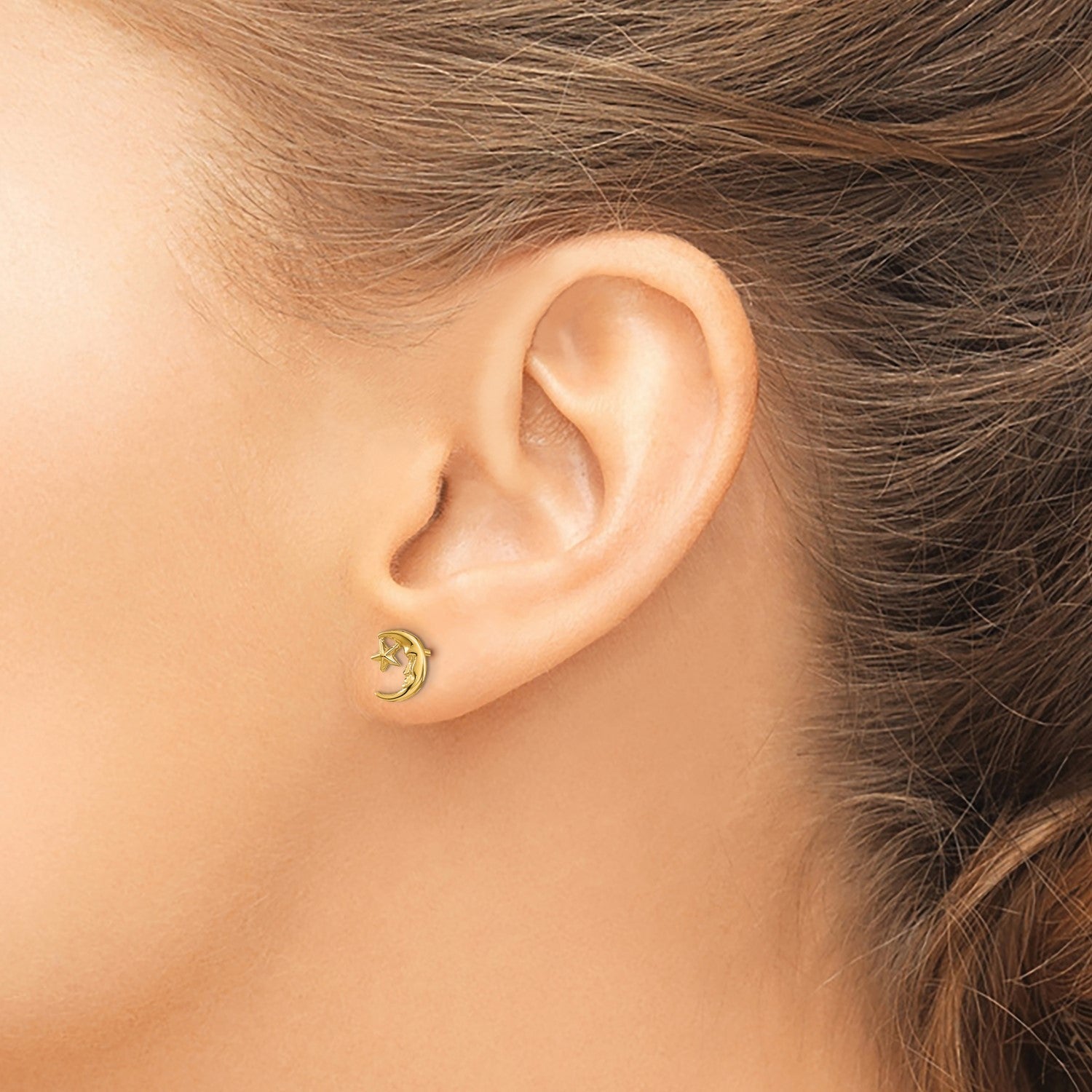14k Yellow Real Gold Moon and Star Post Stud Earrings - JewelryAffairs
