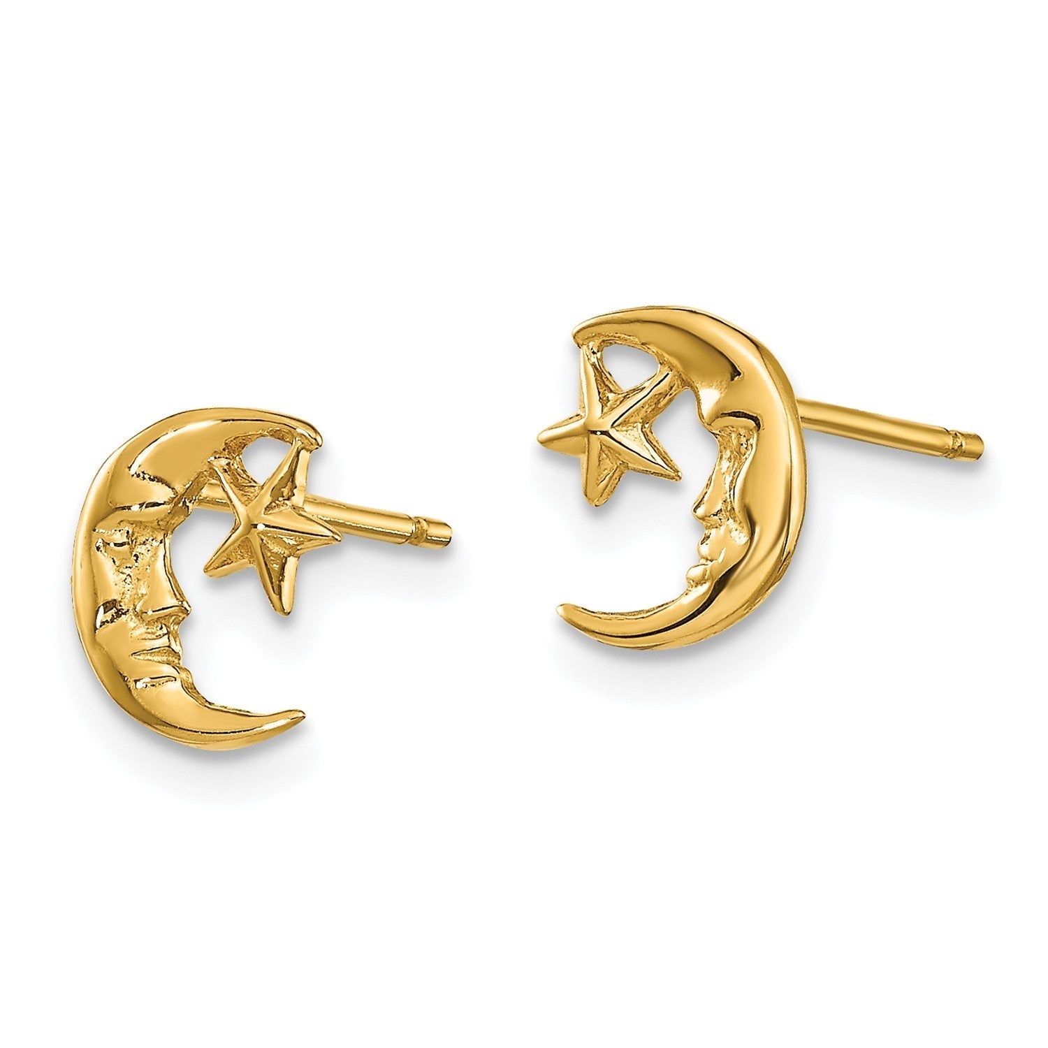 14k Yellow Real Gold Moon and Star Post Stud Earrings - JewelryAffairs