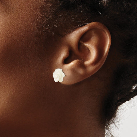 14k Yellow Real Gold Mother of Pearl Flower Stud Earrings, 10mm