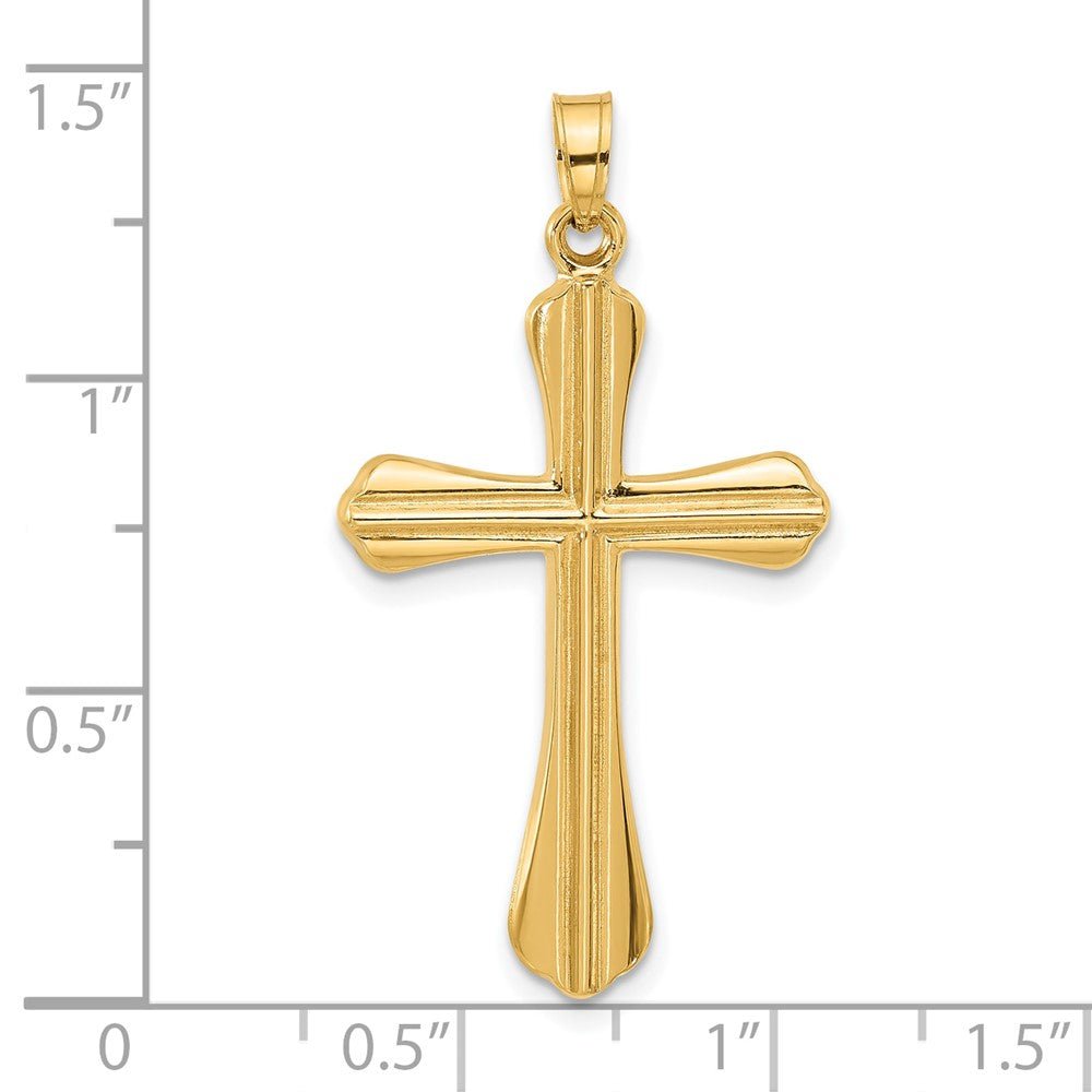 14k Yellow Real Gold Polished and Grooved Hollow Cross Pendant, 35x20mm - JewelryAffairs
