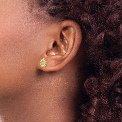14K Yellow Real Solid Gold Daisy Flower Stud Earrings, 10mm Diameter