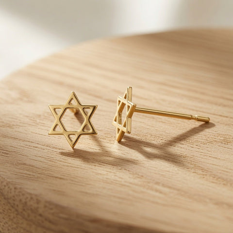 14k Yellow Real Solid Gold Star of David Stud Earrings - JewelryAffairs